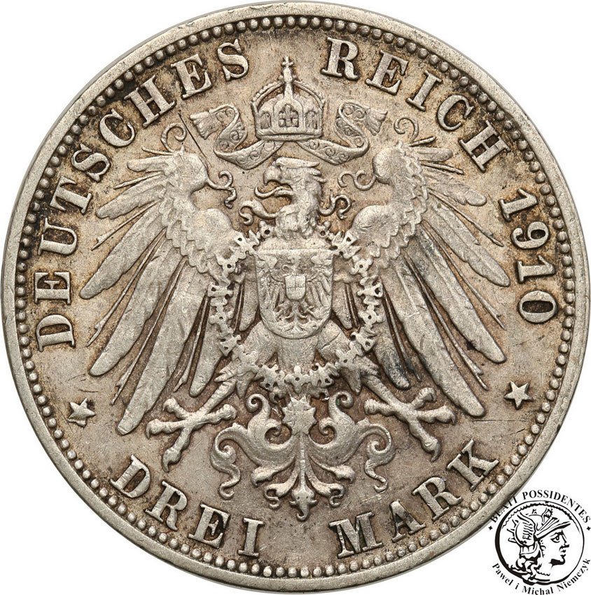 Niemcy, Wirttembergia. 3 marki 1910 F